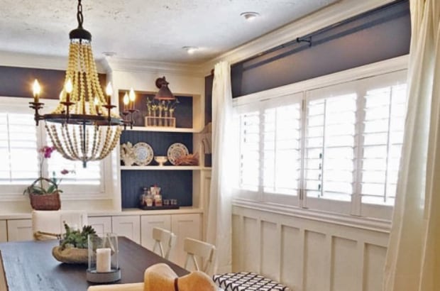 Interior of a dining room with plantation shutters